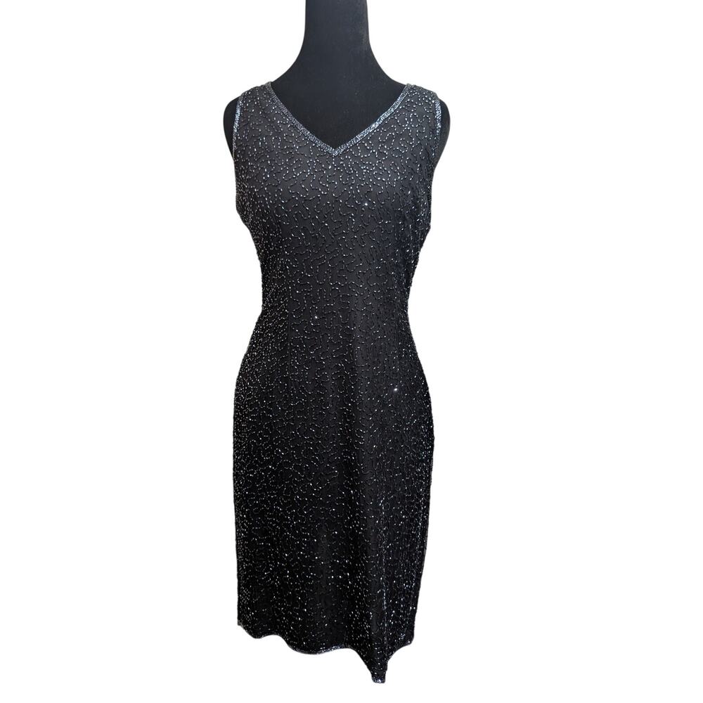VTG JMD New York Black Hand Beaded Silk Sheath Dress Modern Small LBD Cocktail